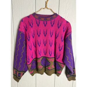 Vintage 80s 62 East Neon Pink Purple Southwestern Knit Sweater Size M